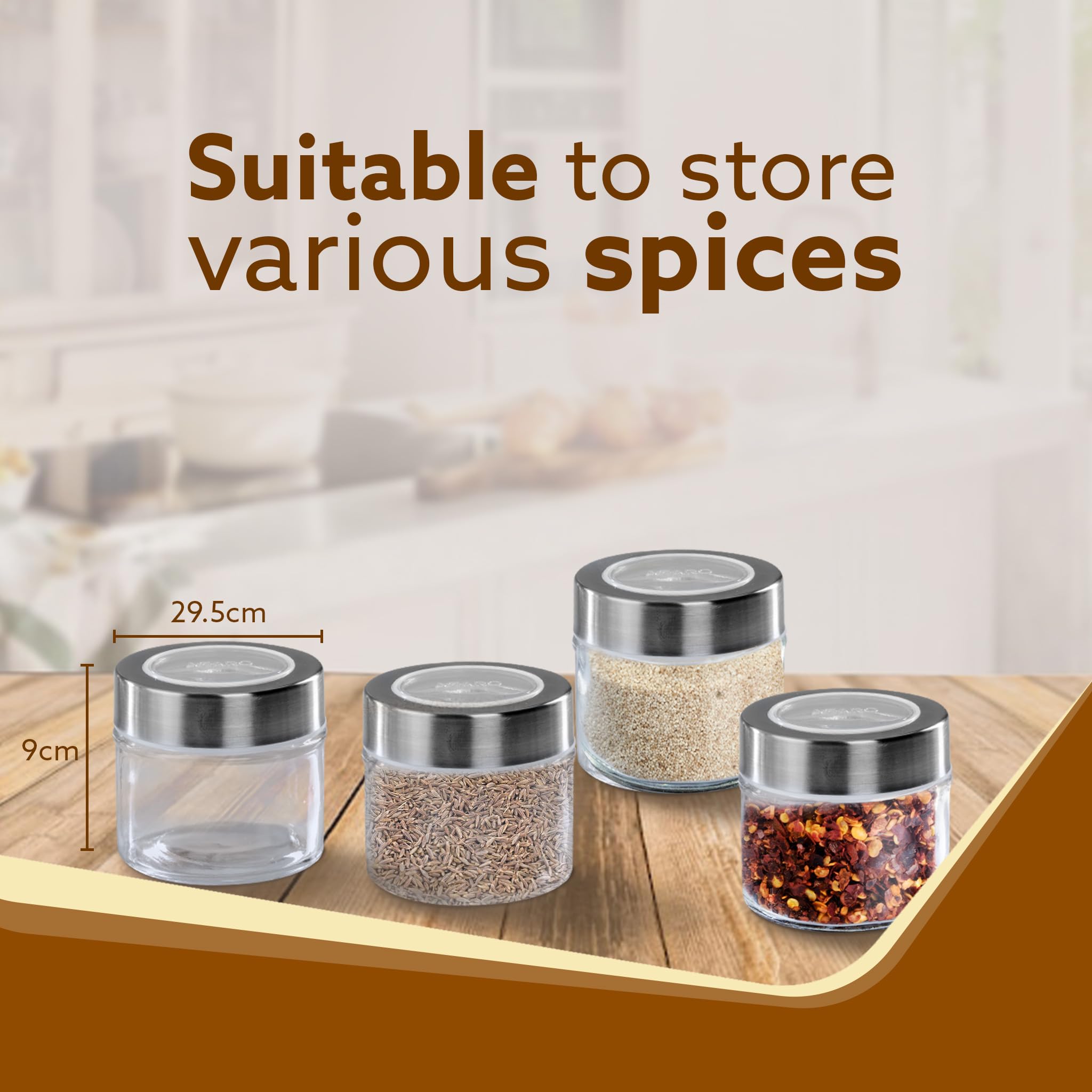 AGARO Elegant Glass Spice Jar with Metal Stand, Pack of 4, 100Ml Each, Spice storage box, kitchen organizer, spice containers, m